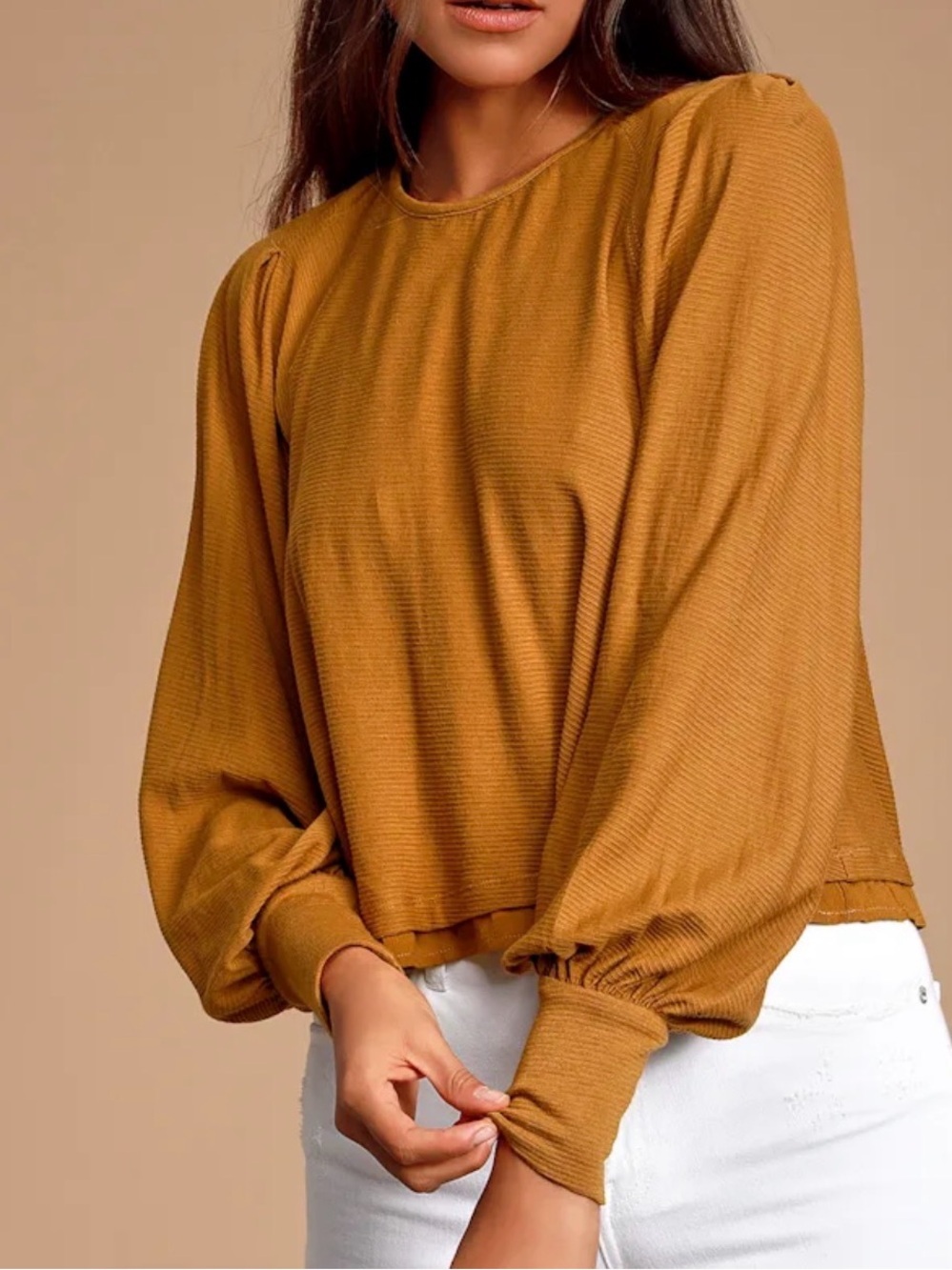 Free People Billie Ribbed Balloon Long Sleeve Blouse Brown Top Small Mustard - Picture 3 of 10